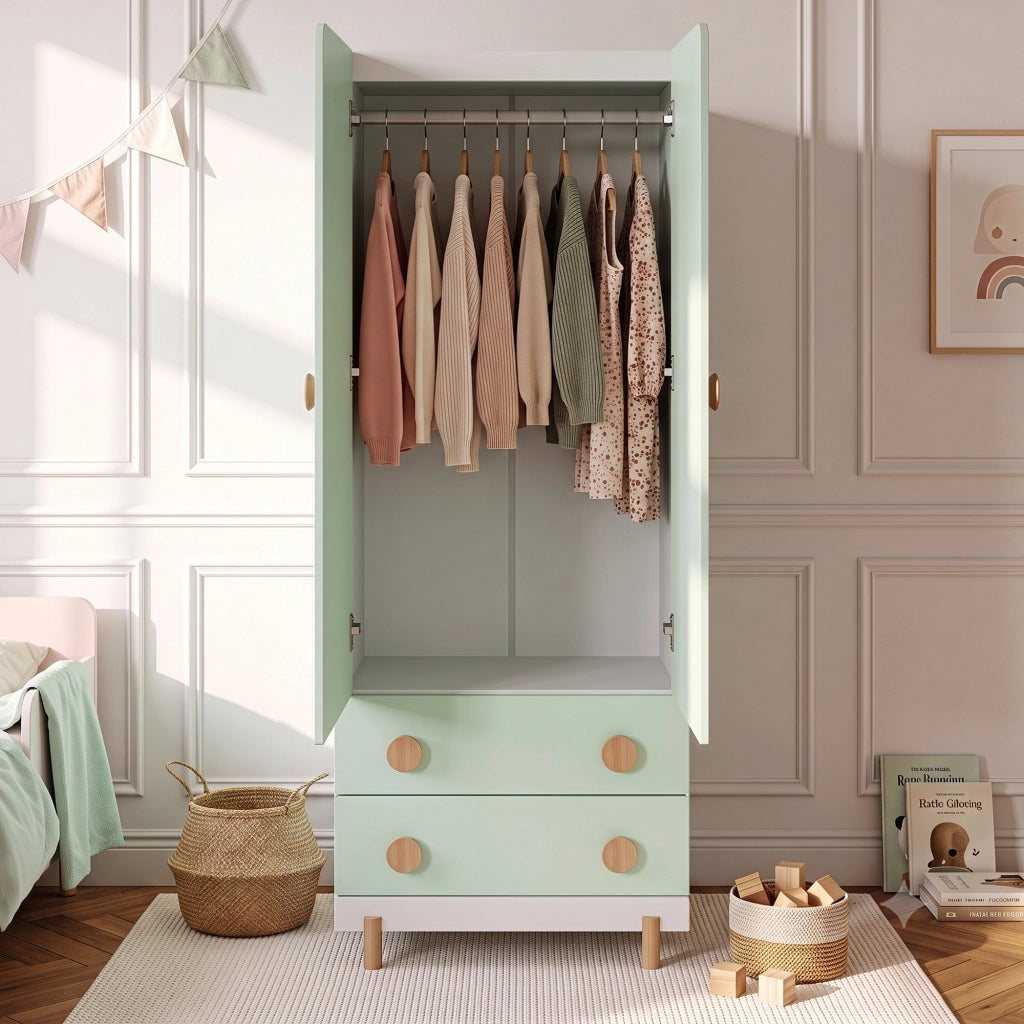 Armadio per Cameretta Vaarentaa a 2 Ante con 2 Cassetti 156x60x41 cm - Bianco/Verde Menta [en.casa]