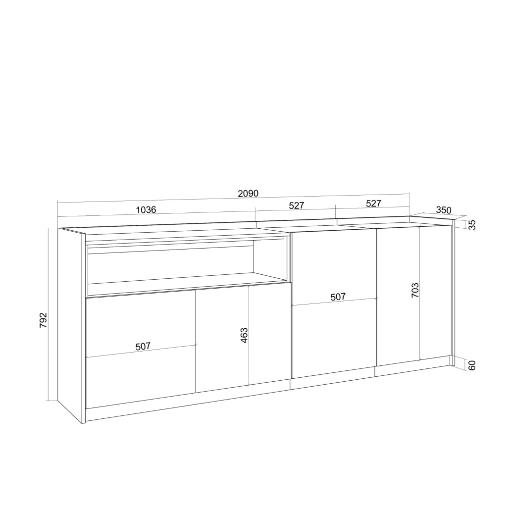Credenza, Mobile, Cucina, 207x80x37 cm, 4 Porte, grande stoccaggio, Rovere scuro e Nero