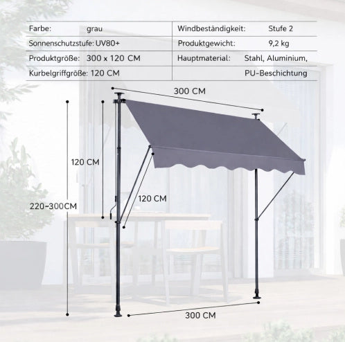 Tenda da sole a morsetto 200x150 cm regolabile in altezza e inclinazione; grigio scuro