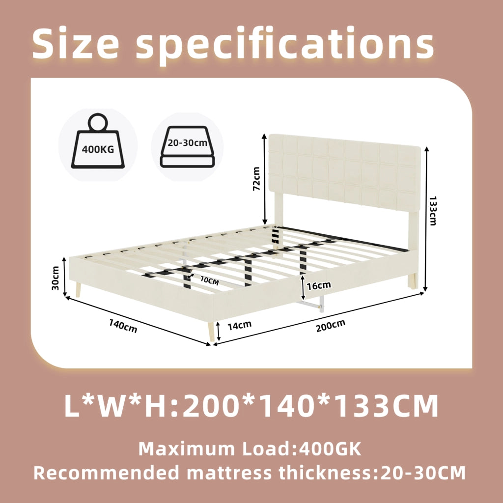 Letto Matrimoniale 140x200 cm con Testiera Trapuntata; in Velluto; Beige