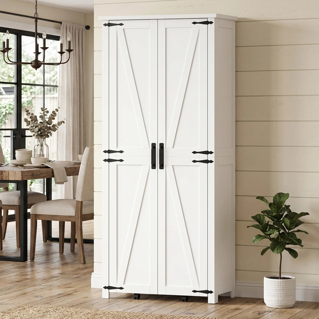 Armadio da cucina ¨C zephmum ¨C 2 ante con ruote, 6 scomparti, 14 portarack, ripiani regolabili, bianco