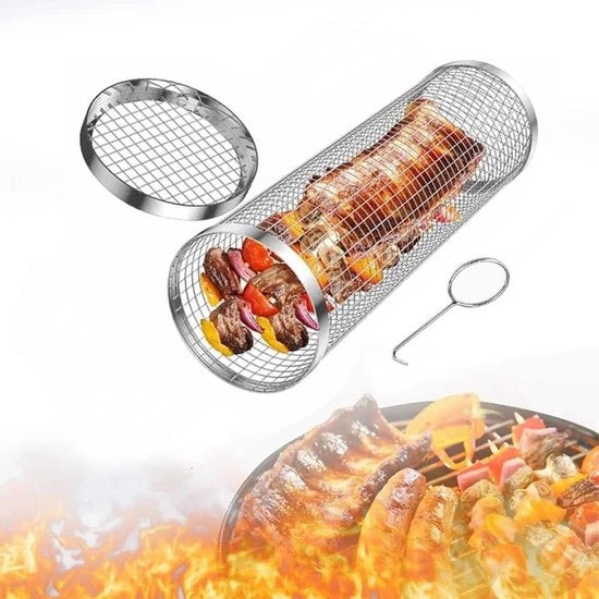 Set di griglia rotante - Griglia per verdure e carne in acciaio inossidabile - Modello a forma rotonda con forchetta - Griglia per barbecue