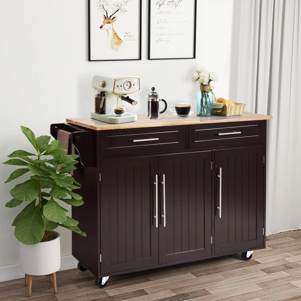 Carrello Portaoggetti con Ruote con 2 Freni, Isola Cucina in Rovere Massiccio, Mobiletto da Pranzo con Portaspezie e Portasciugamani, per Soggiorno, 111,5 x 46 x 93 cm, In 2 Pacchi (Marrone)