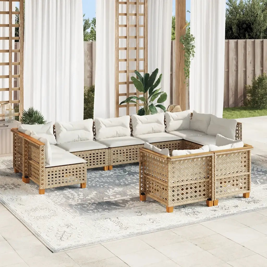 Set Divano da Giardino 9 pz con Cuscini Beige in Polyrattan