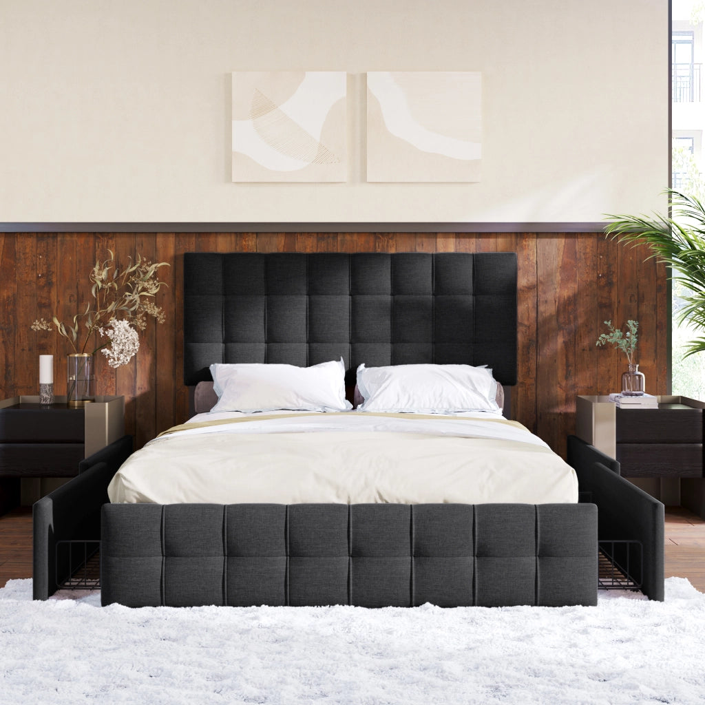 Letto matrimoniale imbottito con 4 cassetti, rete a doghe in acciaio e testiera regolabile 140x200 cm, nero