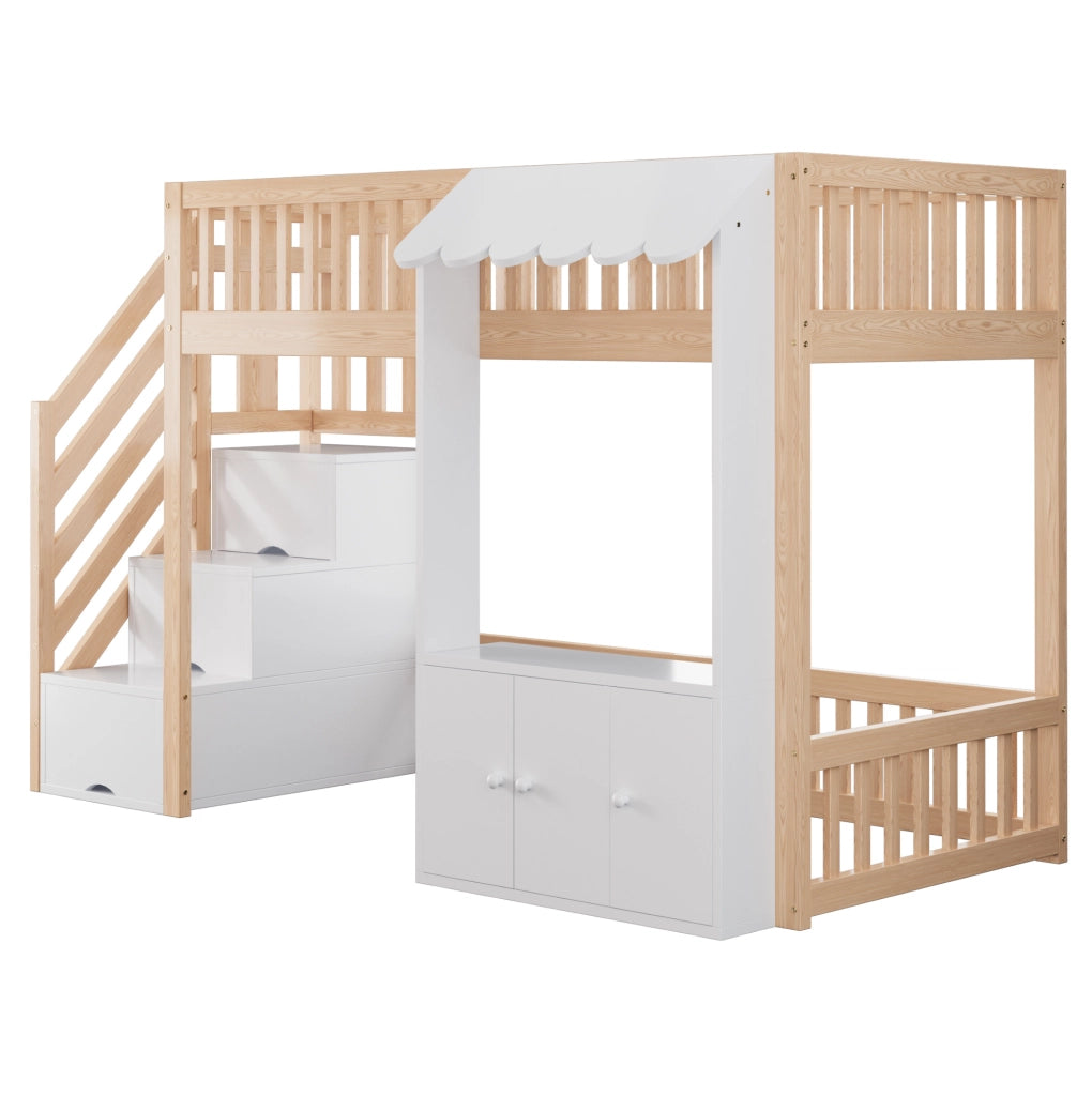 Letto a soppalco singolo 90x200 cm in legno colore legno; con scala contenitore e LED