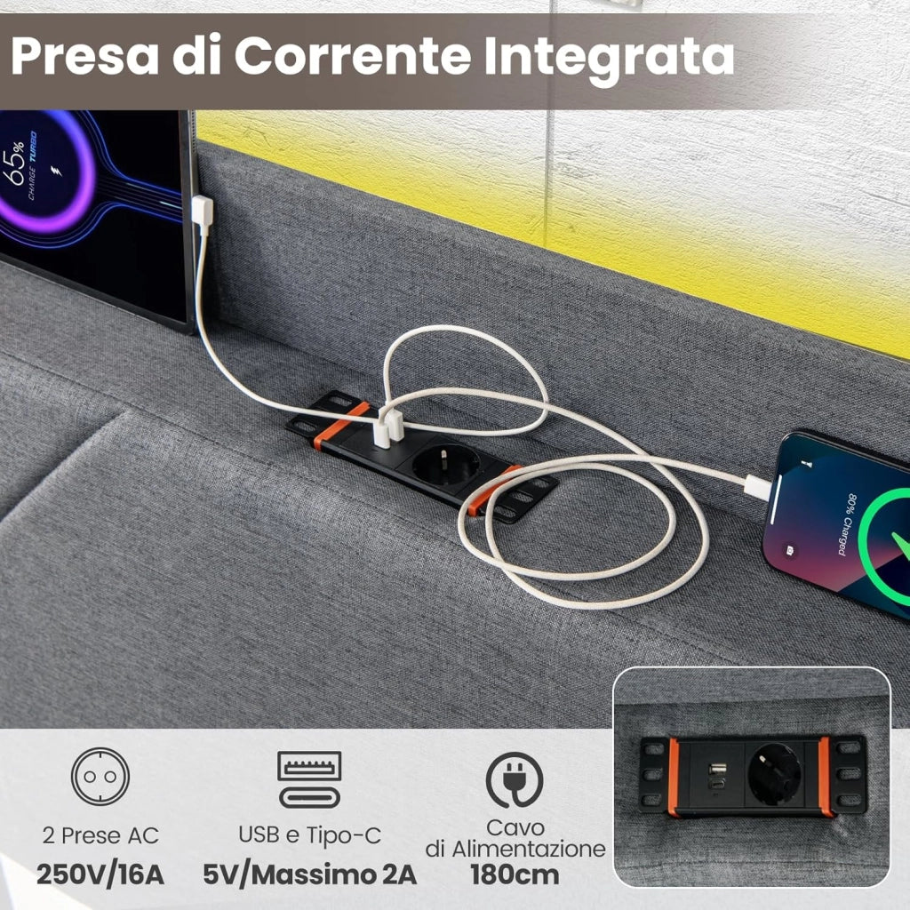 Letto Matrimoniale 140 x 200 cm, Letto Imbottito con Testiera, Luci LED, Stazione di Ricarica, 2 Tasche e 4 Cassetti, Carico 500kg, Silenzioso