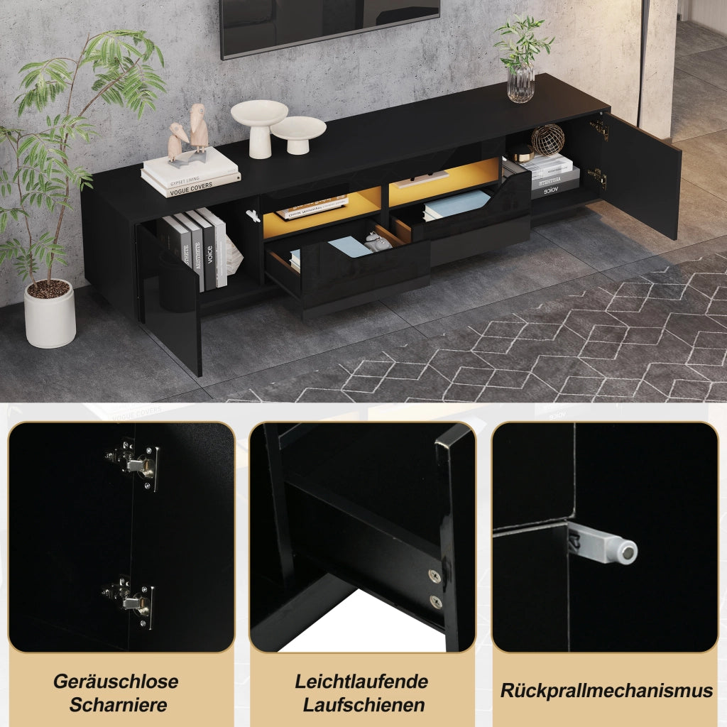 Mobile porta TV con LED, 2 cassetti, 2 vani aperti e 2 ante, finitura lucida, per soggiorno, nero, 180 × 40 × 45 cm