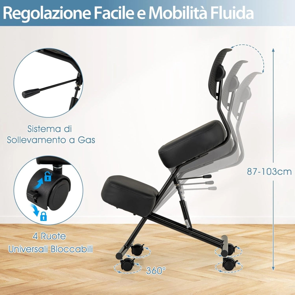 Sedia Ergonomica Inginocchiata con Schienale e Ruote, Sedia da Ginocchio Regolabile Posturale Struttura in Metallo, Sgabello Ergonomica per Casa e Ufficio (con Schienale)