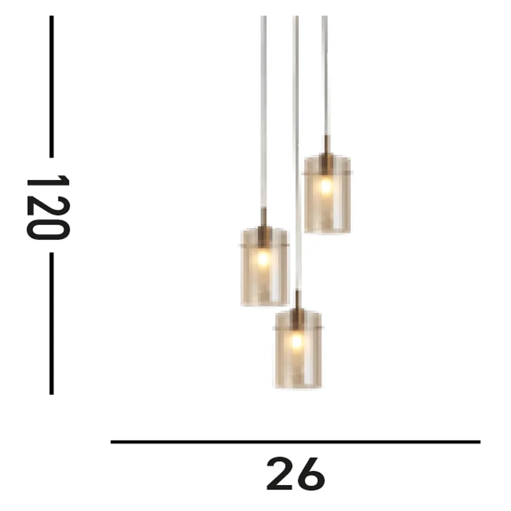 Lampadario Contemporaneo Duetto 3 Acciaio Bronzo Vetro 3 Luci E14