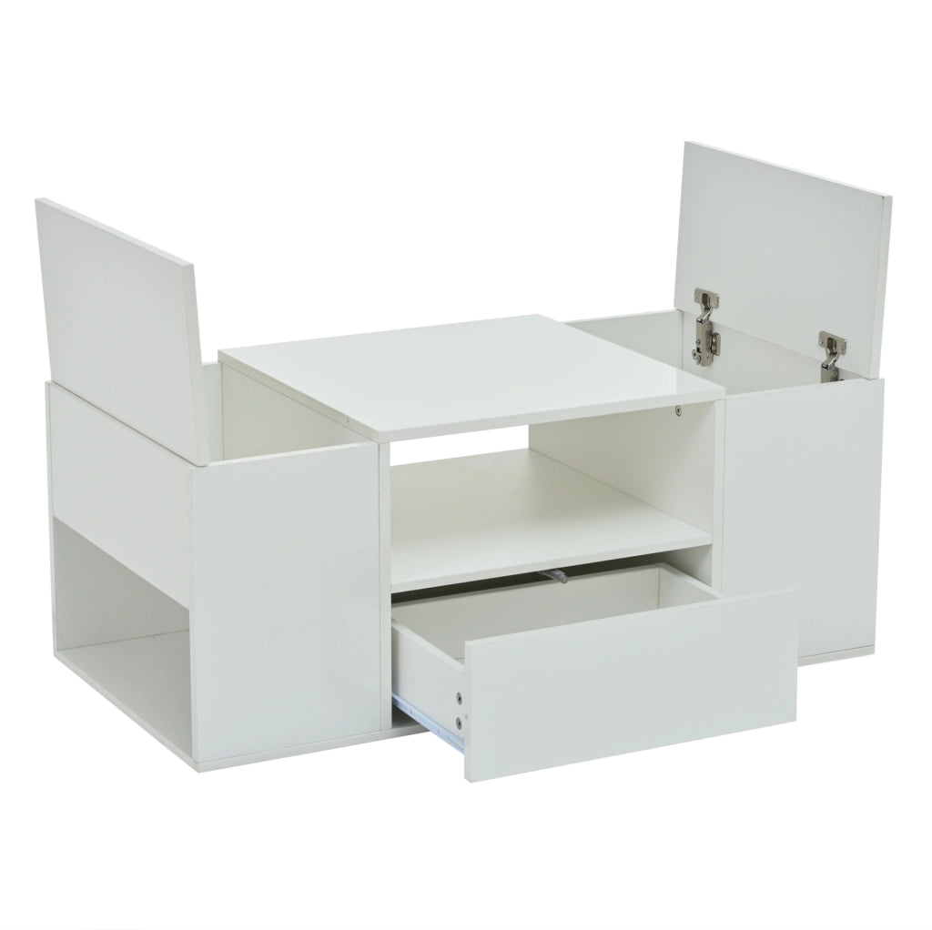 Tavolino da caffè 100 x 50 x 40 cm con LED; 1 cassetto e vani contenitore; bianco lucido