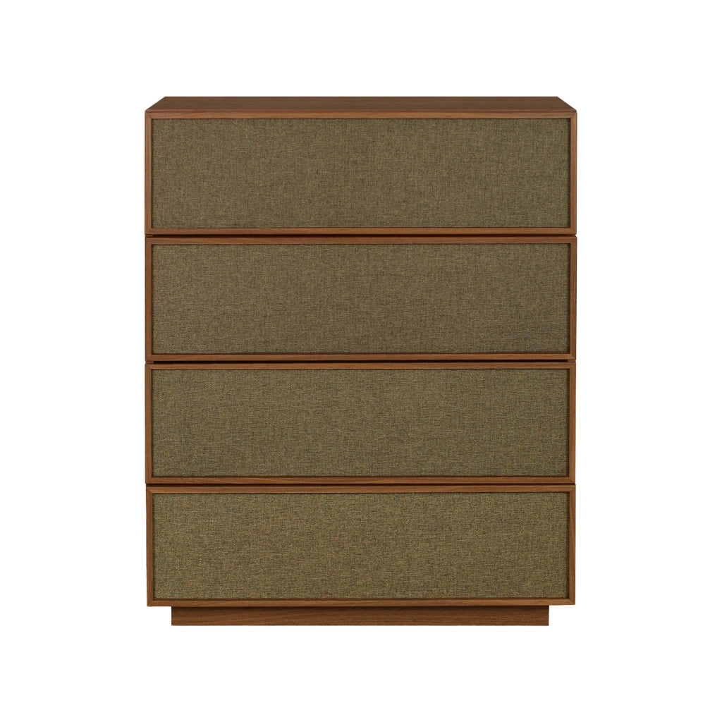 Cassettiera decorativa in legno e tessuto con 4 cassetti, noce