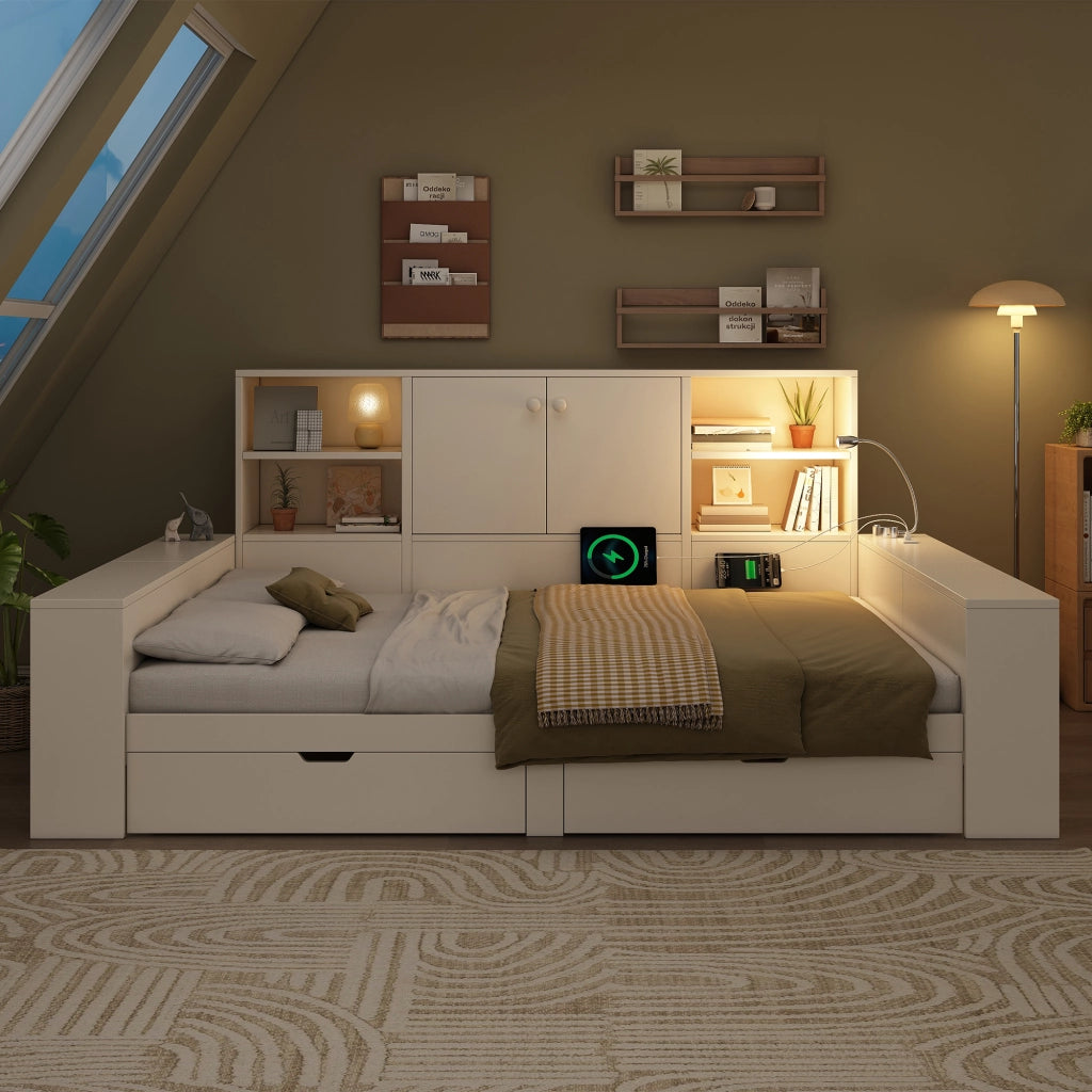 DESMIU Letto contenitore 140 × 200 cm 2 posti con cassetti, USB e Type-C, senza materasso, in MDF, bianco