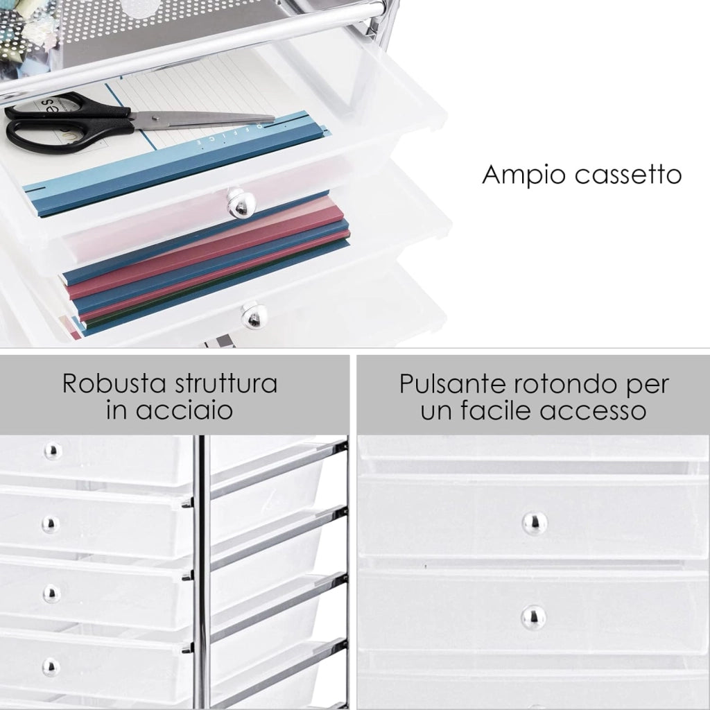 Carrello con 10 Cassetti da Stoccaggio, Cassettiera di Metallo e Plastica, Contenitore Multiuso con Ruote a Freno, per Casa e Ufficio (Trasparente)