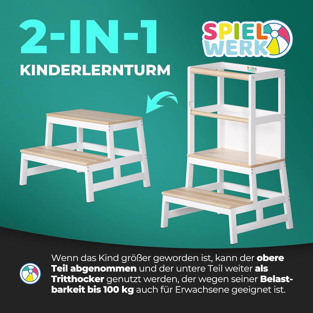 Spielwerk Torre Montessoriana Apprendimento per Bambini in Legno con Lavagna Sgabello Torretta Montessori Didattica Learning Tower 50 x 51 x 93 cm a partire da 2 anni