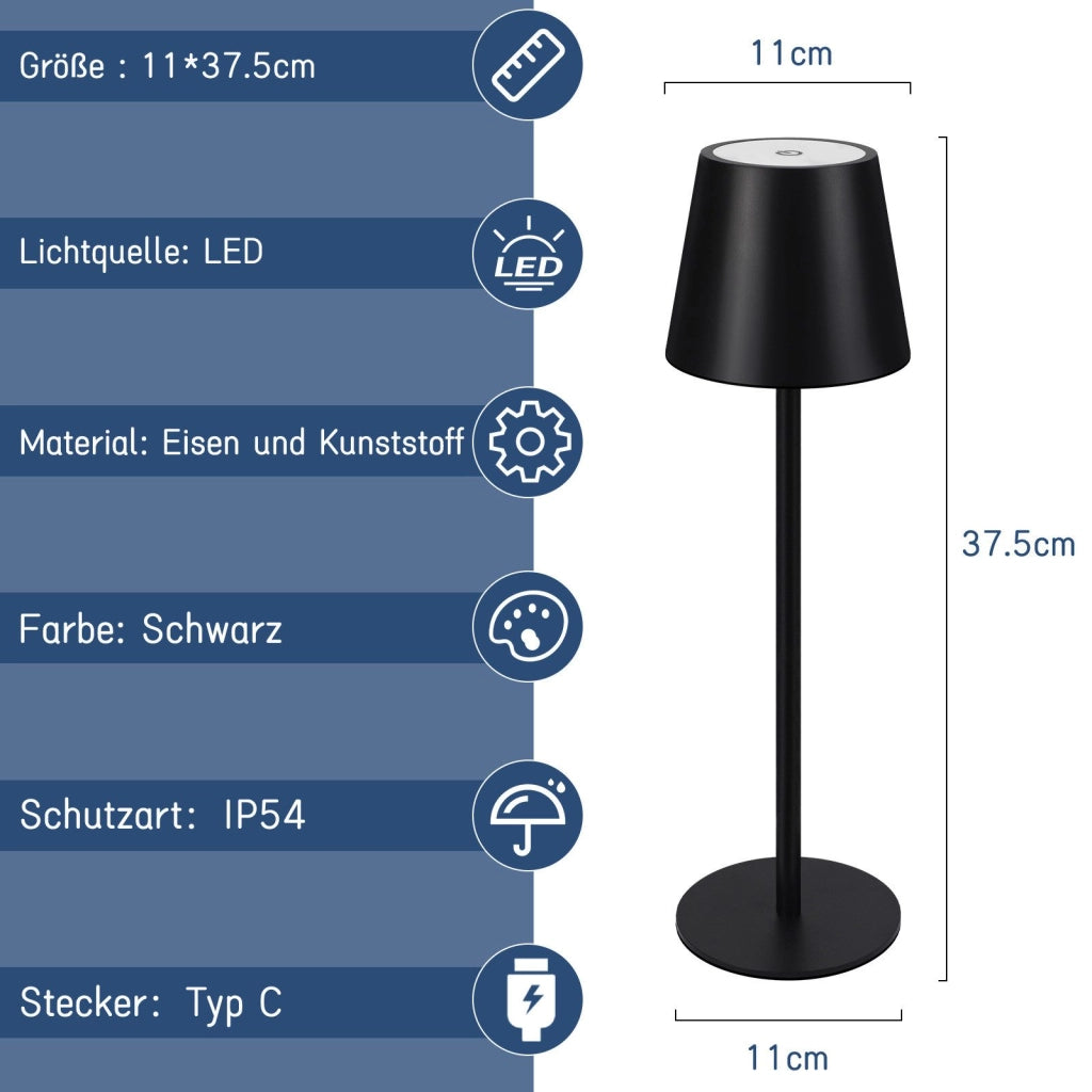 ZMH Lampada da tavolo LED wireless set 2 pezzi nera 2600mAh touch ricaricabile USB per esterno camera letto