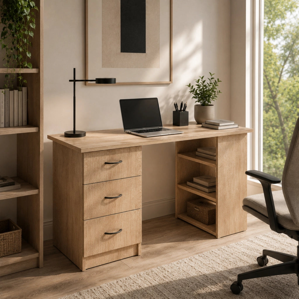 Scrivania Moderna Con 3 Cassetti E 3 Vani A Giorno Scrittoio Struttura In MDF Resistente Design Minimal Ideale Per Ufficio Studio Cameretta E Smart Working 120 x 49 x 72 Cm Rovere