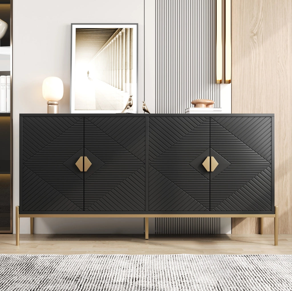 Credenza 162x40x80 cm nera in MDF e pannello truciolare, 4 ante