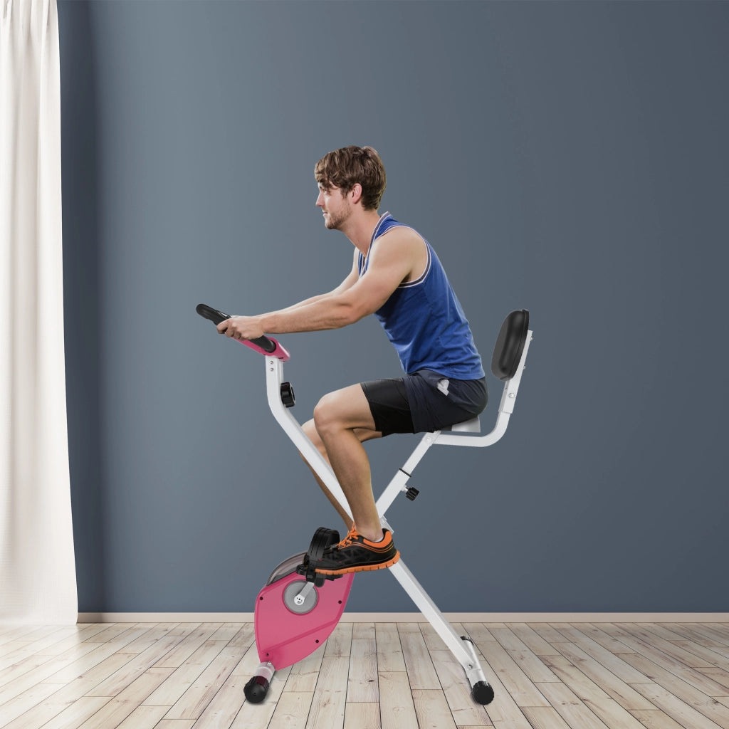 Cyclette pieghevole ¨C Minimal ¨C rosa, 8 livelli di resistenza magnetica, schienale regolabile, schermo LCD