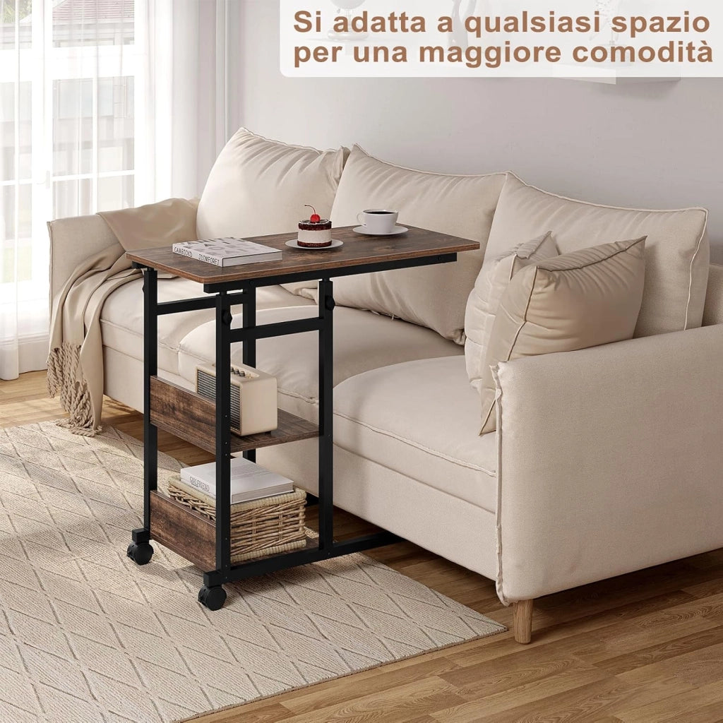 Tavolino da Salotto a Forma di C, Tavolino da Caffè a 3 Livelli, Tavolo Divano Regolabile in Altezza con Ruote Universali, in Legno e Metallo, Rovere vintage + Nero, BTS08hov