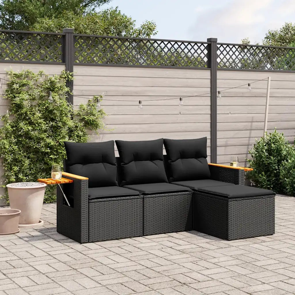 Set Divani da Giardino 4 pz | Set Salotto da Giardino con Cuscini Nero in Polyrattan