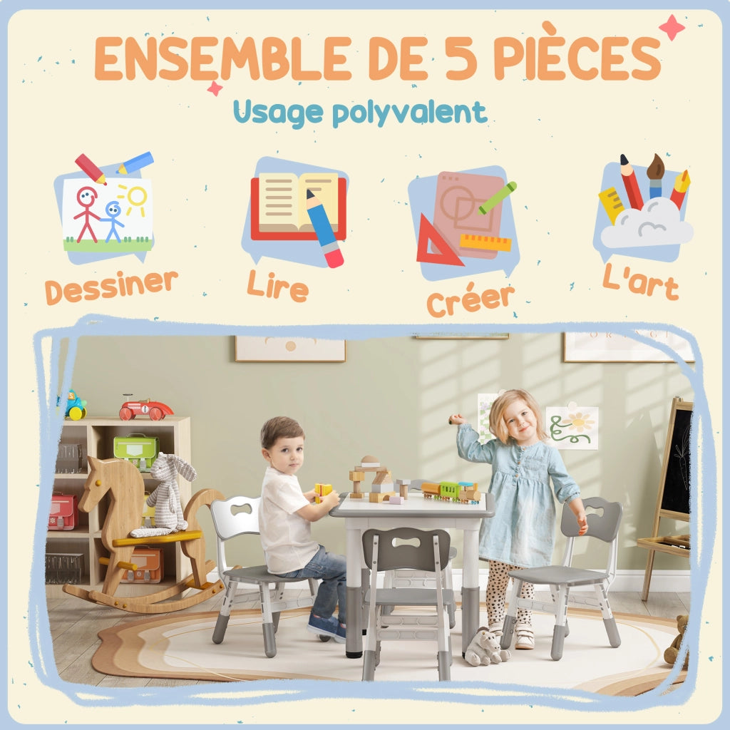Set 4 Sedie e Tavolo per Bambini ¨C Zephmum ¨C Grigio, Altezza Regolabile