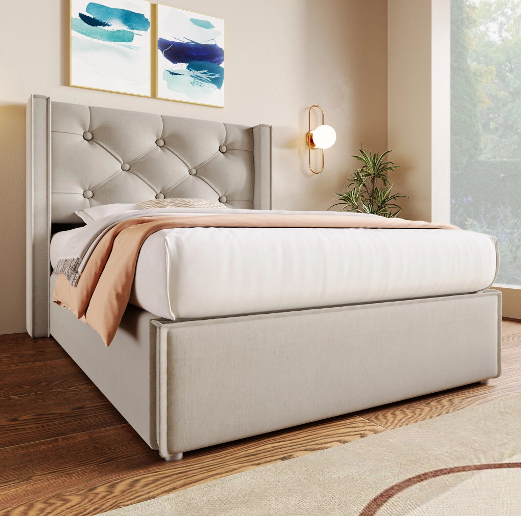 Letto singolo imbottito 90x200 cm con contenitore e rete sollevabile; grigio chiaro