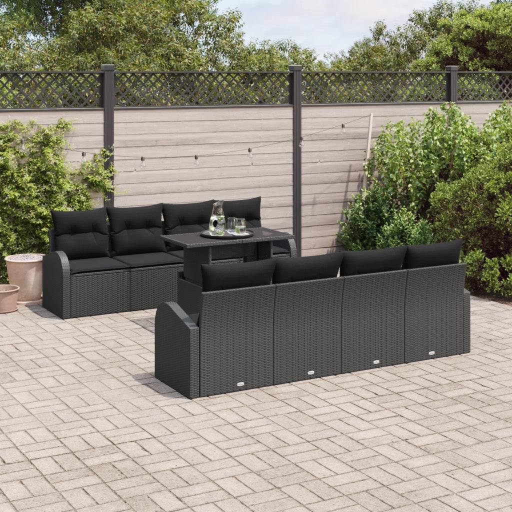Set Divano Giardino 9 Pezzi con Cuscini Rattan Nero Polietilene