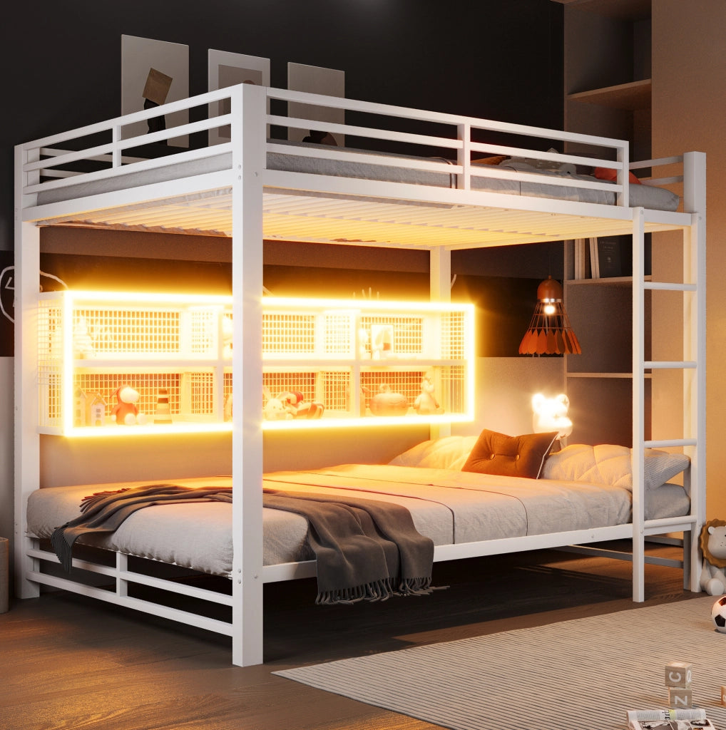 Letto a castello in metallo 140x200 cm con 6 armadietti e LED; bianco