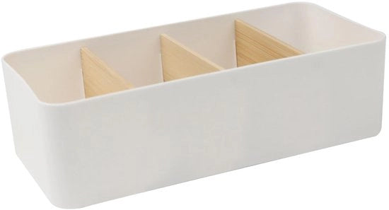Organizzatore a 4 compartimenti con telecomando, support per penne in bambù con compartimenti rimovibili, organizzatore multifunzionale per ufficio per penne, appunti, occhiali e forbici (bianco)