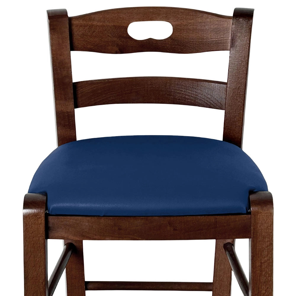 Sgabello legno noce scuro con foro nello schienale h66 seduta ecopelle blu
