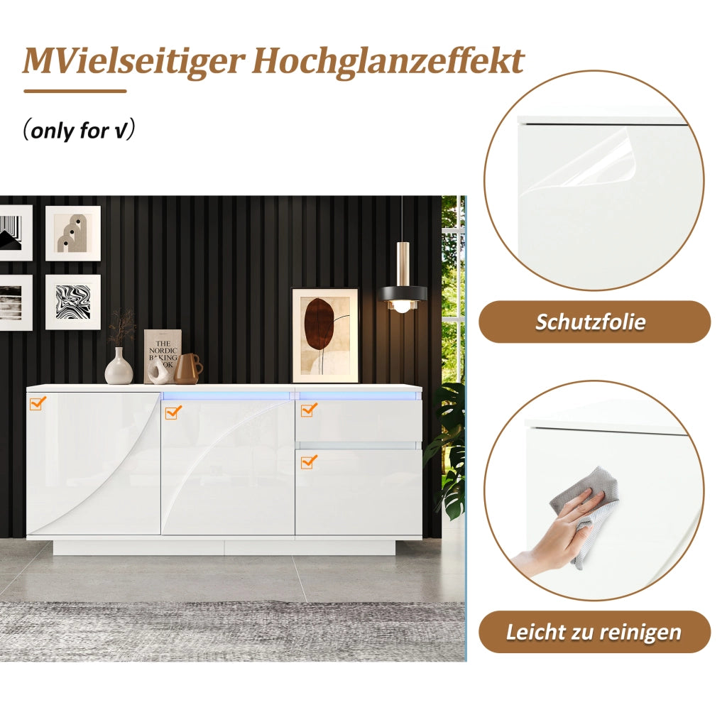 Credenza con 3 ante; 1 cassetto e LED - per soggiorno - in MDF - 140×40×60 cm - bianco
