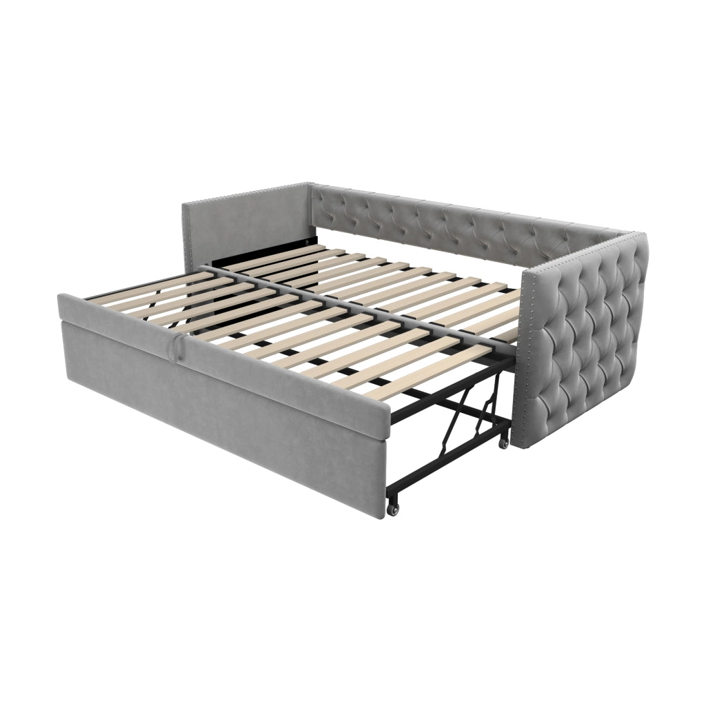 Letto estraibile singolo 90×200 cm e 90×190 cm con rete; senza materasso; velluto grigio chiaro