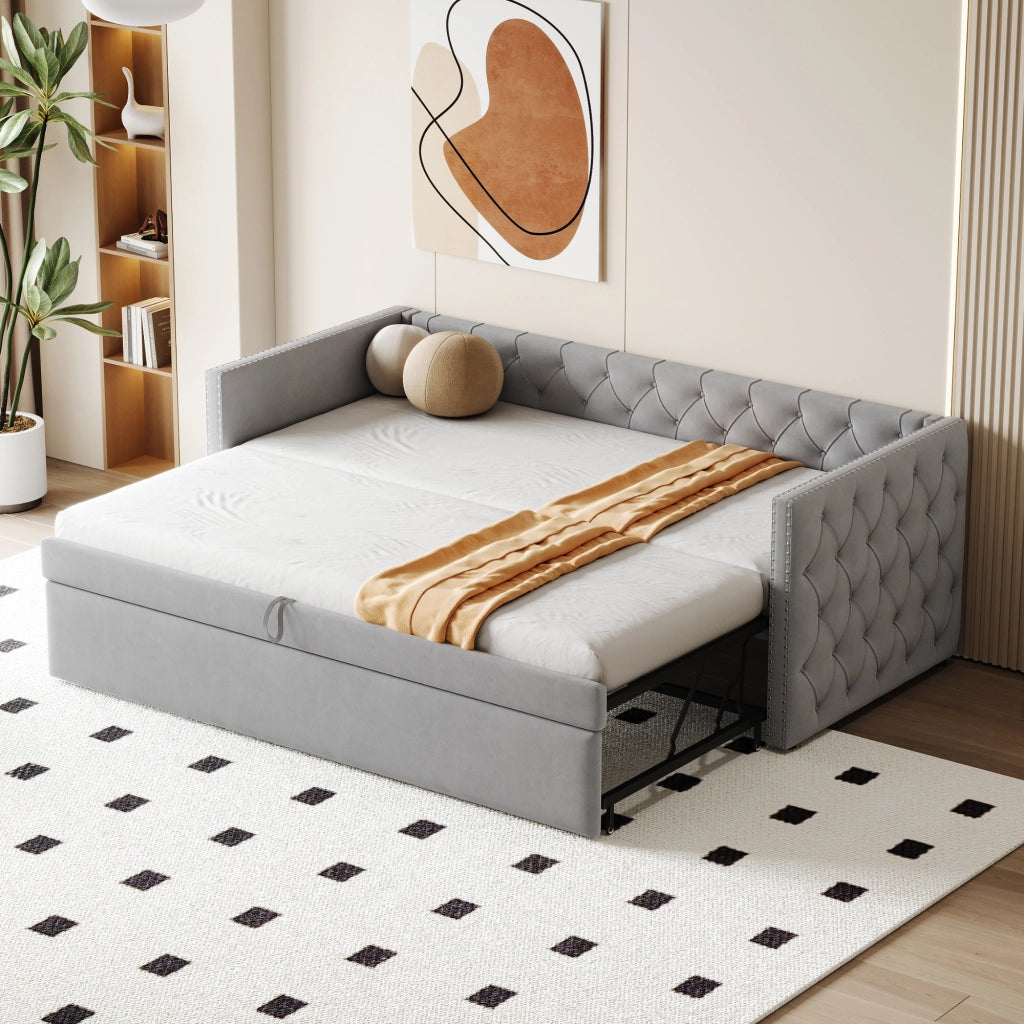 Letto estraibile singolo 90×200 cm e 90×190 cm con rete; senza materasso; velluto grigio chiaro