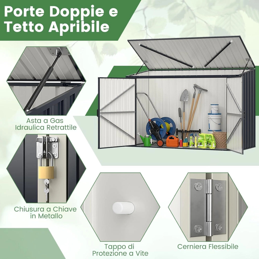 Casetta per Spazzatura Esterna 1,5 m², Capanno Attrezzi Giardino in Metallo Zincato Resistente alle Intemperie con Porta Bloccabile e Tetto Apribile, Struttura a Scatto Pratica