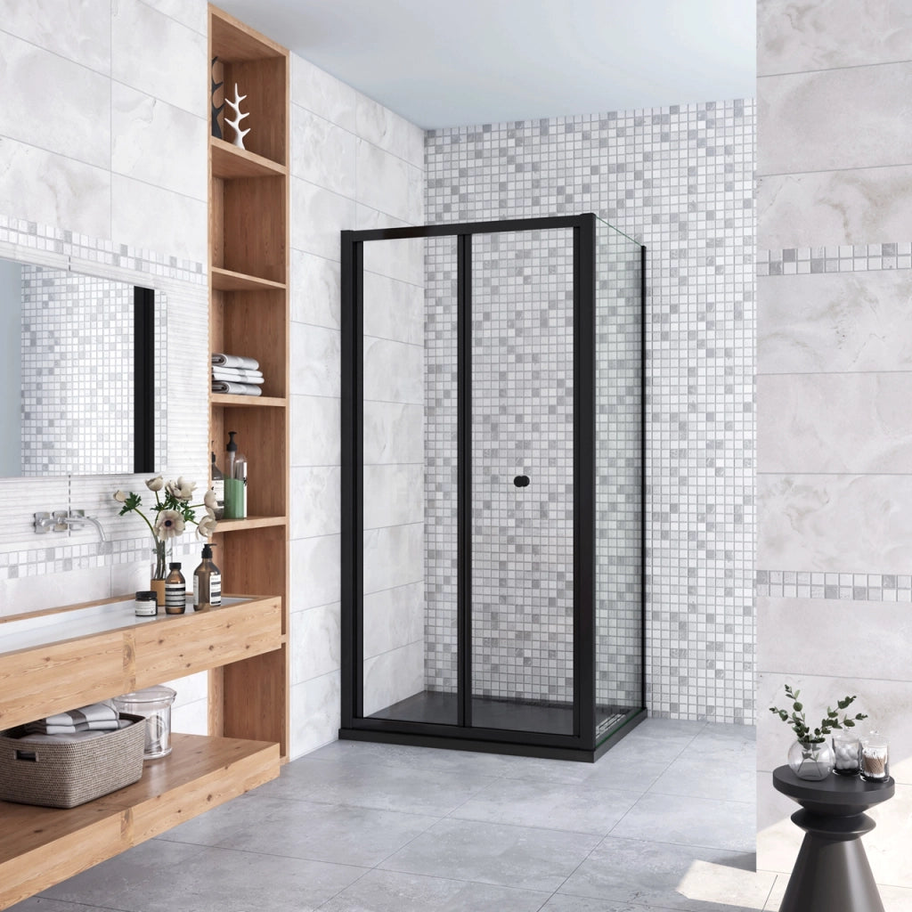 185cm Box Doccia Angolare Porta a Soffietto con Parete Fissa 96x80cm in Vetro Temperato Trasparente 5 mm Profilo Nero Opaco