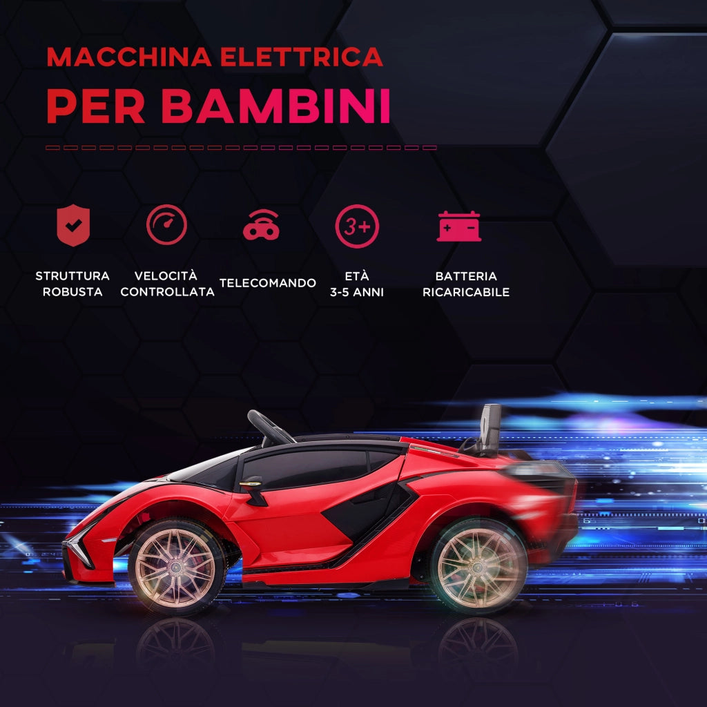 EasyComfort Macchina Elettrica per Bambini 3-5 Anni 12V Lamborghini SIAN, 3-5km/h Auto Elettrica per Bambini con 2 Motori, Fari e Musica, Telecomando, Cintura e Clacson, Rosso