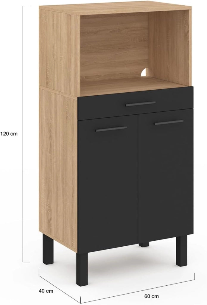 Credenza CINA 60 cm in faggio e nero per microonde di fascia media con 1 cassetto e 2 ante