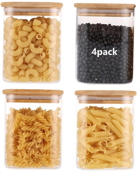Contenitori di conservazione 4 pezzi 850 ml - Vetro borosilicato - Coperchio in bambù - Resistente al lavastoviglie - Contenitori di conservazione - Buona tenuta ermetica
