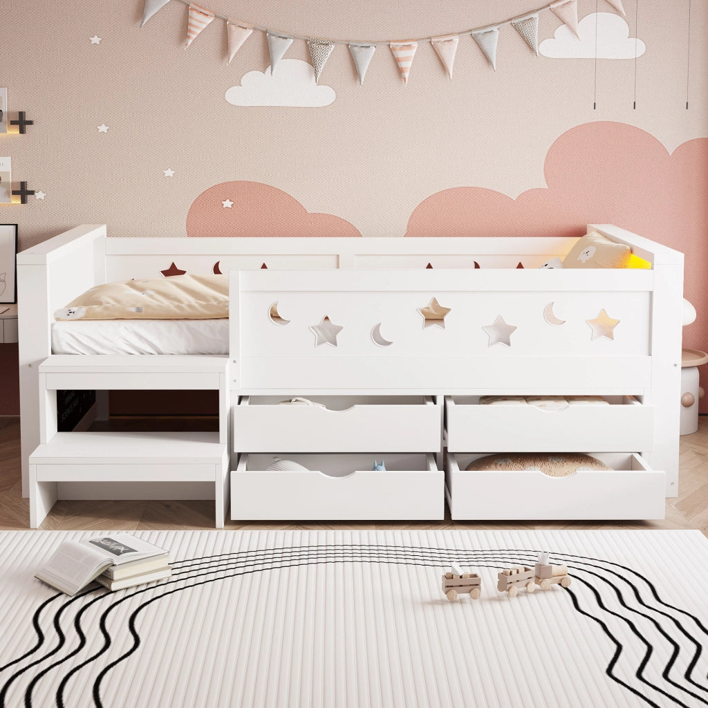 Letto singolo per bambini 90x200 cm con LED; lavagna e 4 cassetti in compensato e MDF; bianco