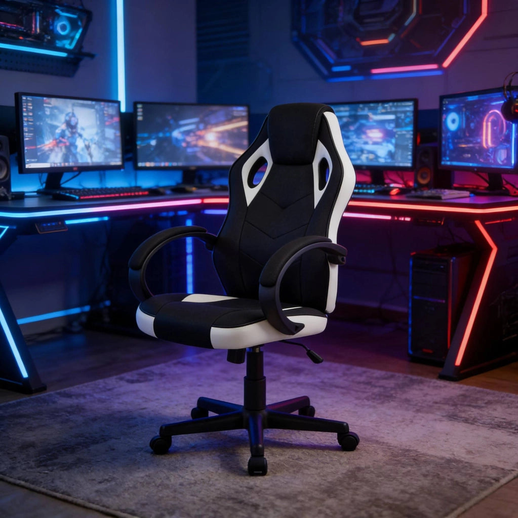 Sedia gaming ergonomica regolabile con poggiatesta nero/bianco