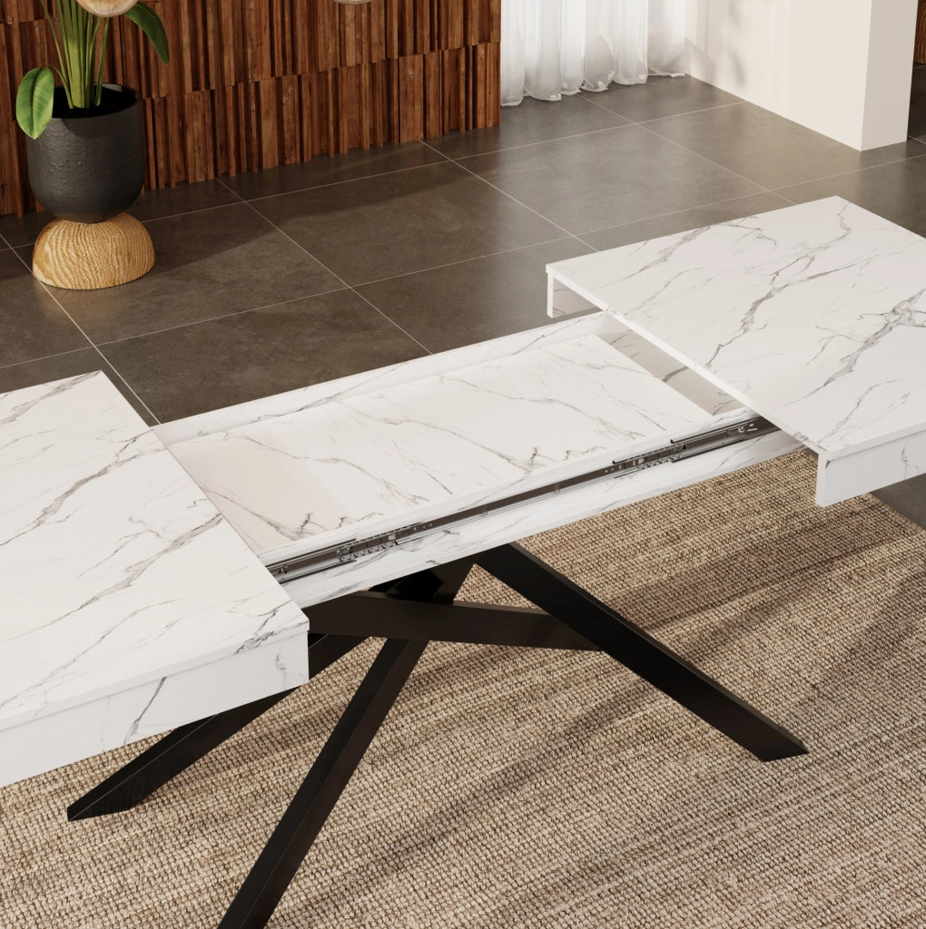 Tavolo da pranzo allungabile 140-180x80 cm in MDF bianco; per 6-8 persone
