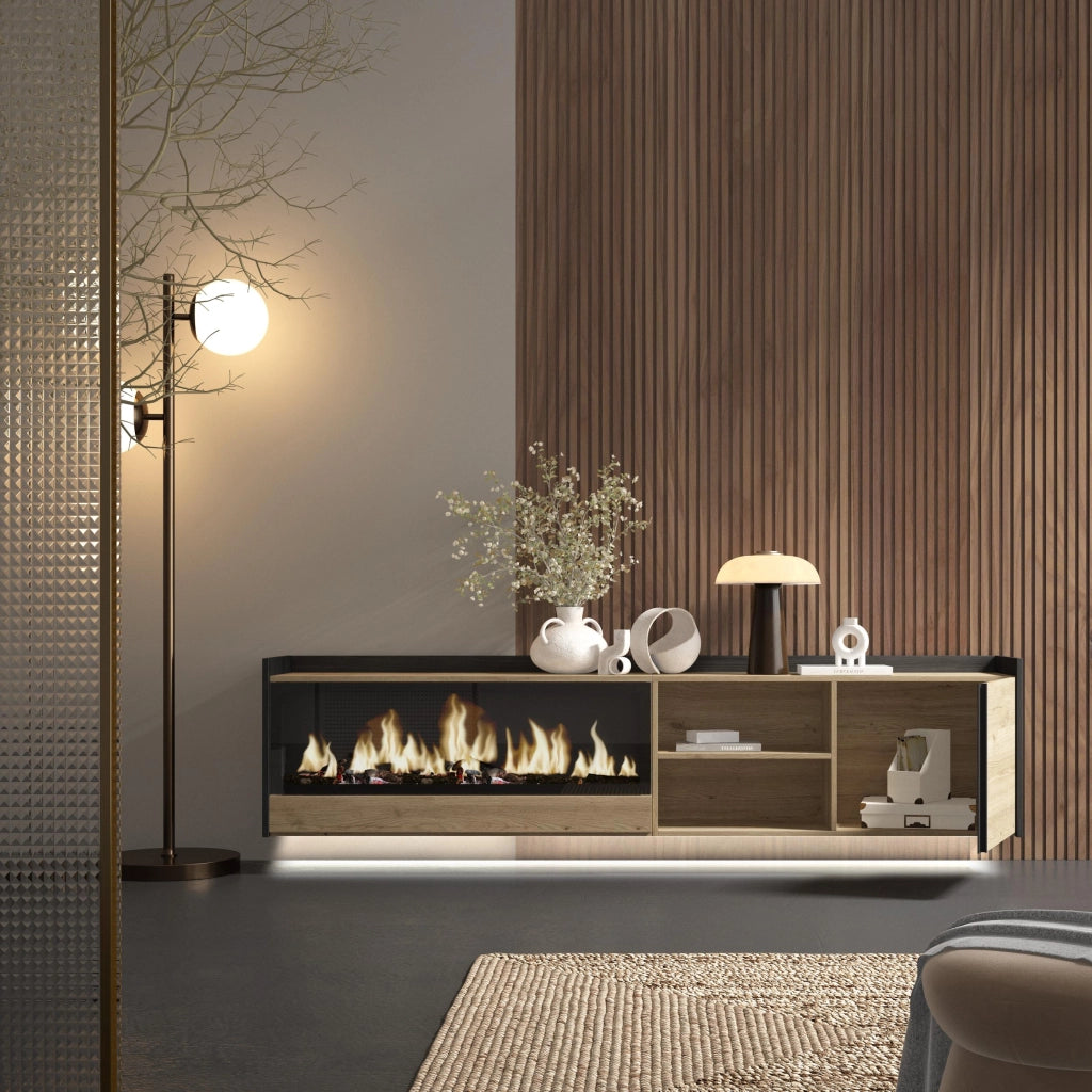 Mobile TV Soggiorno, 212x50x35 cm, Per TV fino a 80", Camino elettrico XXL, Sospeso, da appendere, LED, Rovere e nero