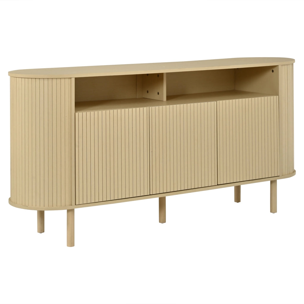 Credenza Sideboard 160 cm con 3 ante a onde, 2 vani aperti, struttura in truciolare e gambe in legno massello