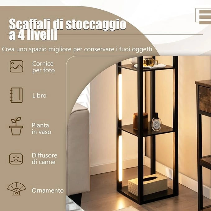 Lampada da Terra con Mensola, Lampadine LED Dimmerabili a 3 Livelli e Poli LED Ruotabili, Piantana Lampada da Terra per Soggiorno, Studio e Camera da Letto