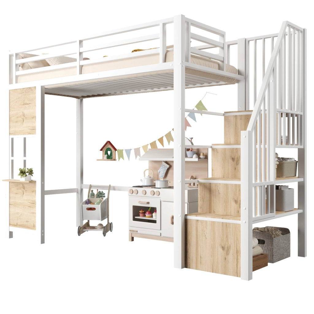 Letto a soppalco 90x200 cm in MDF e metallo; bianco; con scala contenitore e area gioco
