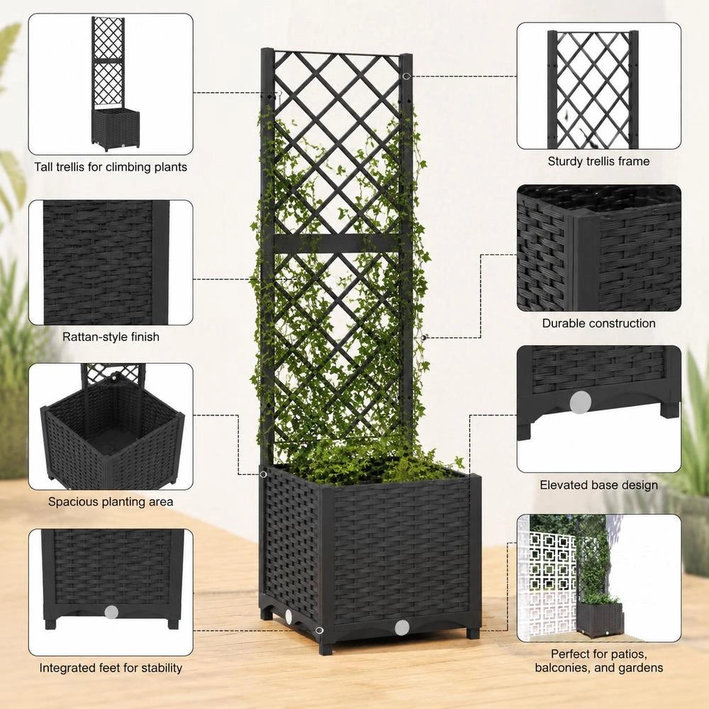 Garden Planter With Trellis Black 40 X 40 X 136 Cm PP