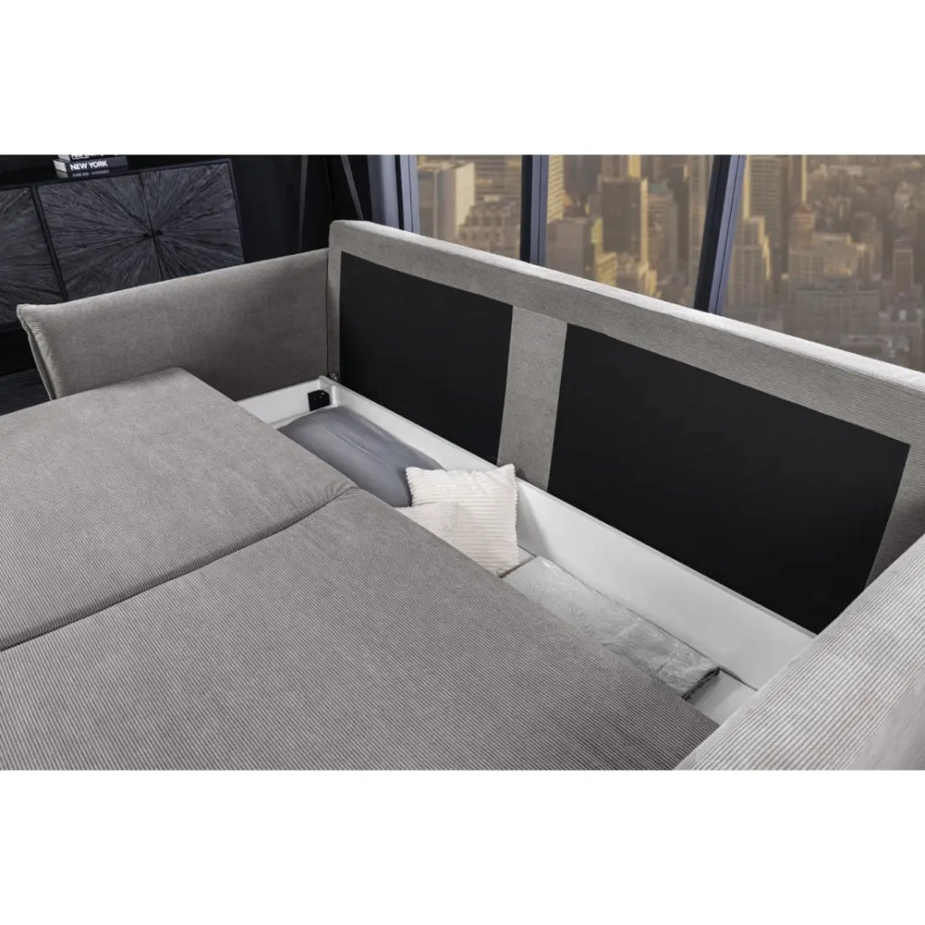 Divano dritto CALDERO grigio scuro convertibile con contenitore – Divano letto in velluto a coste con storage integrato