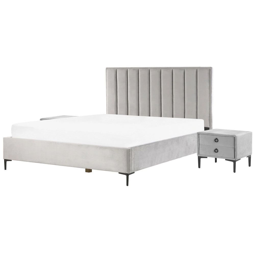 Set camera da letto in velluto grigio 180 x 200 cm con contenitore 2 comodini imbottiti