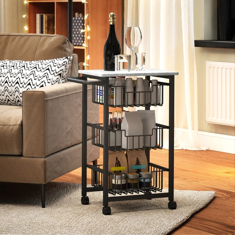 Carrello da Cucina con 3 Cestelli Estraibili e Ruote; con Maniglia; per Cucina o Bar; Legno; 49;5 x 31 x 69 cm; Grigio Chiaro